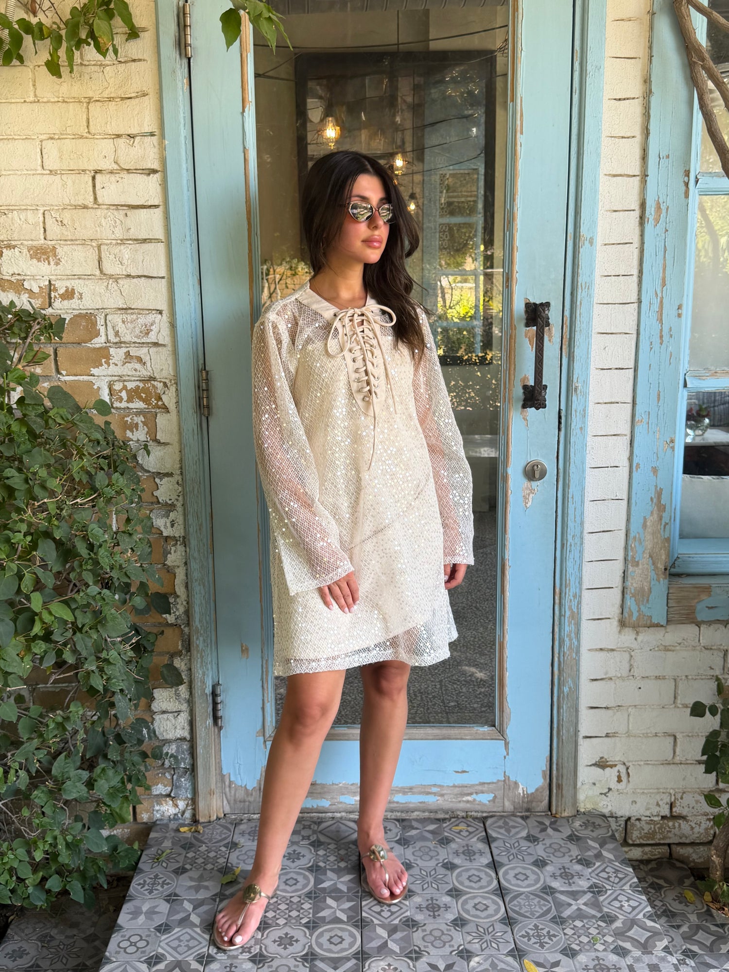 Santorini Sequin Cover-Up Dress with Matching Headband – White