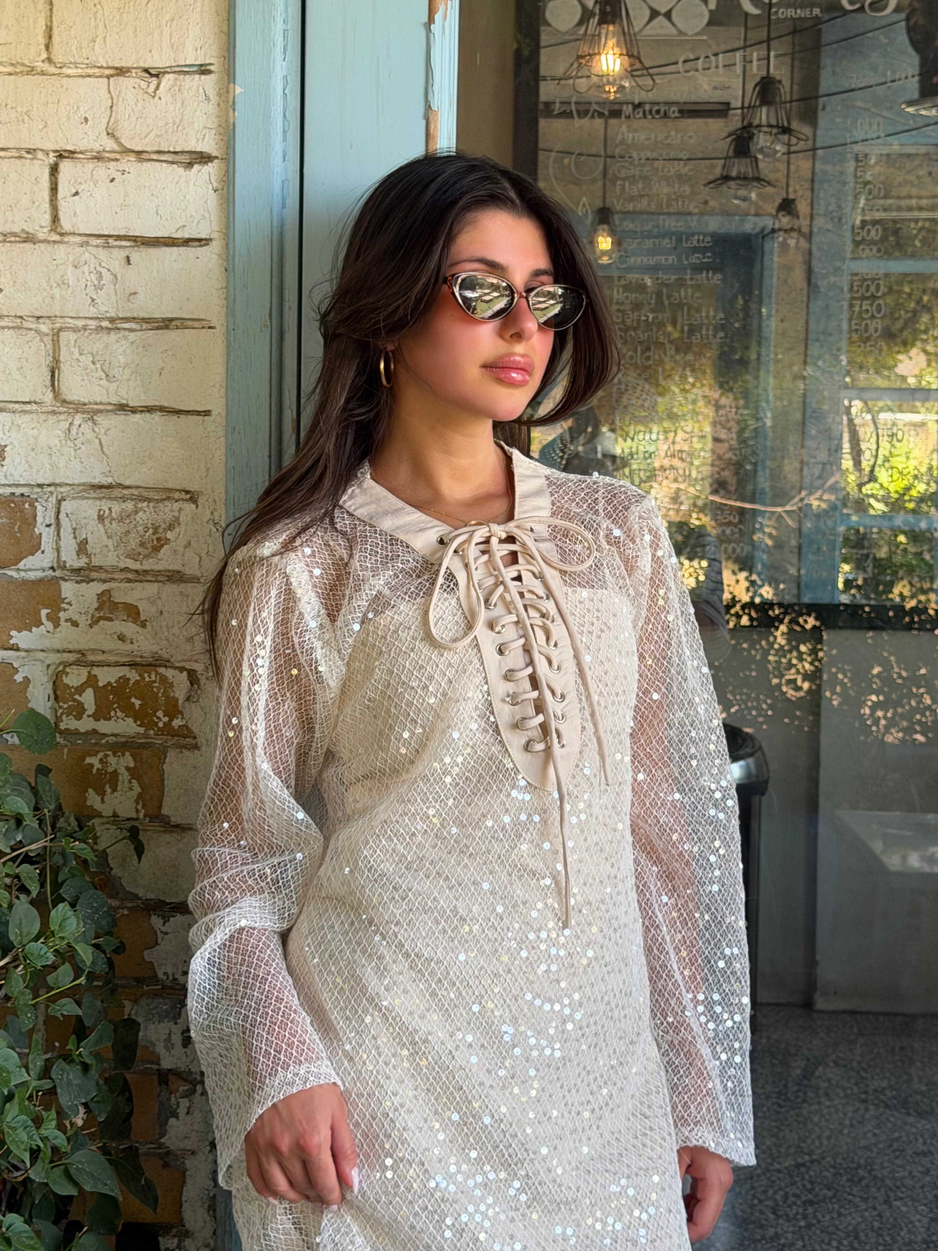 Santorini Sequin Cover-Up Dress with Matching Headband – White