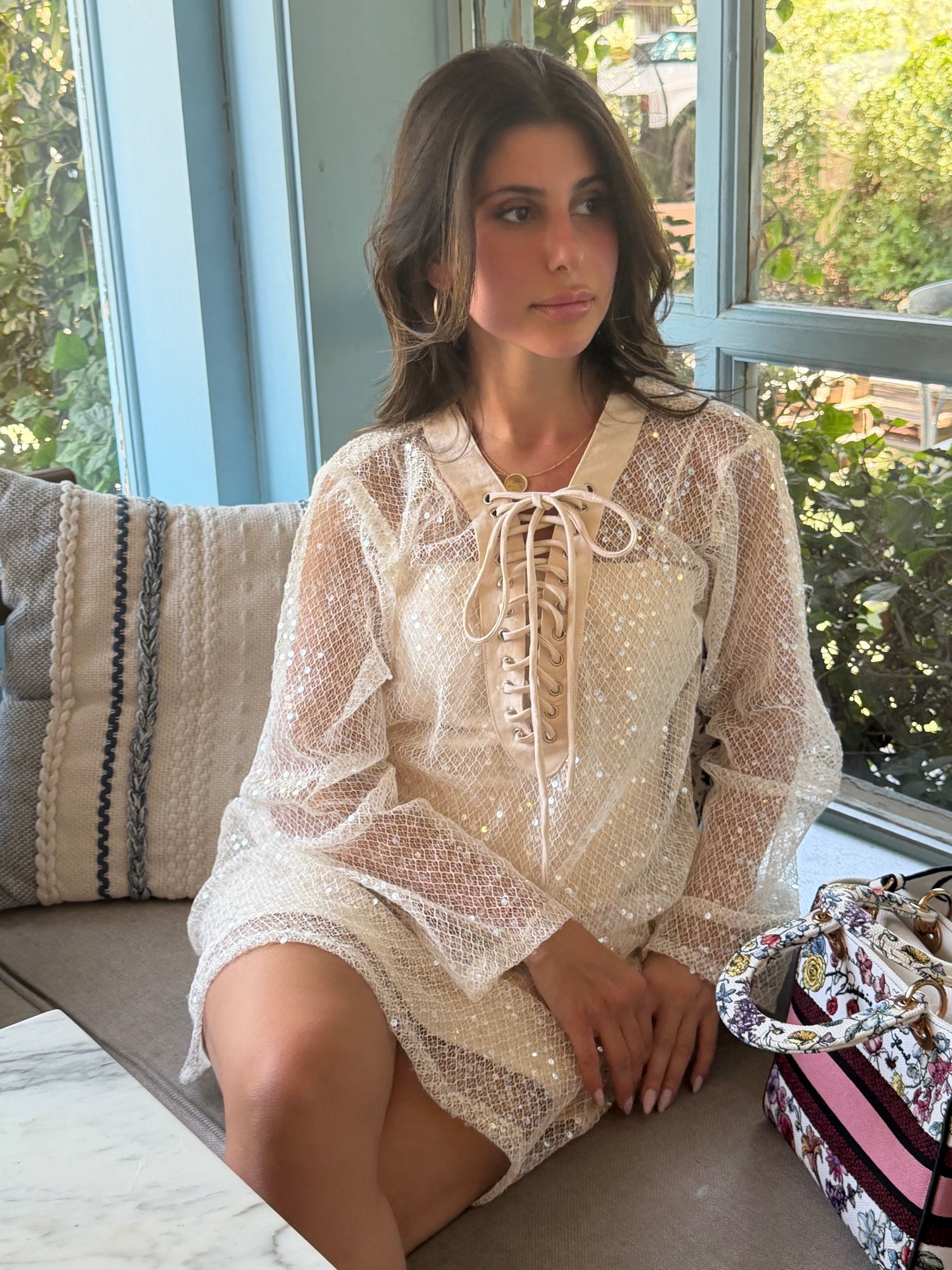Santorini Sequin Cover-Up Dress with Matching Headband – White