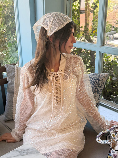 Santorini Sequin Cover-Up Dress with Matching Headband – White