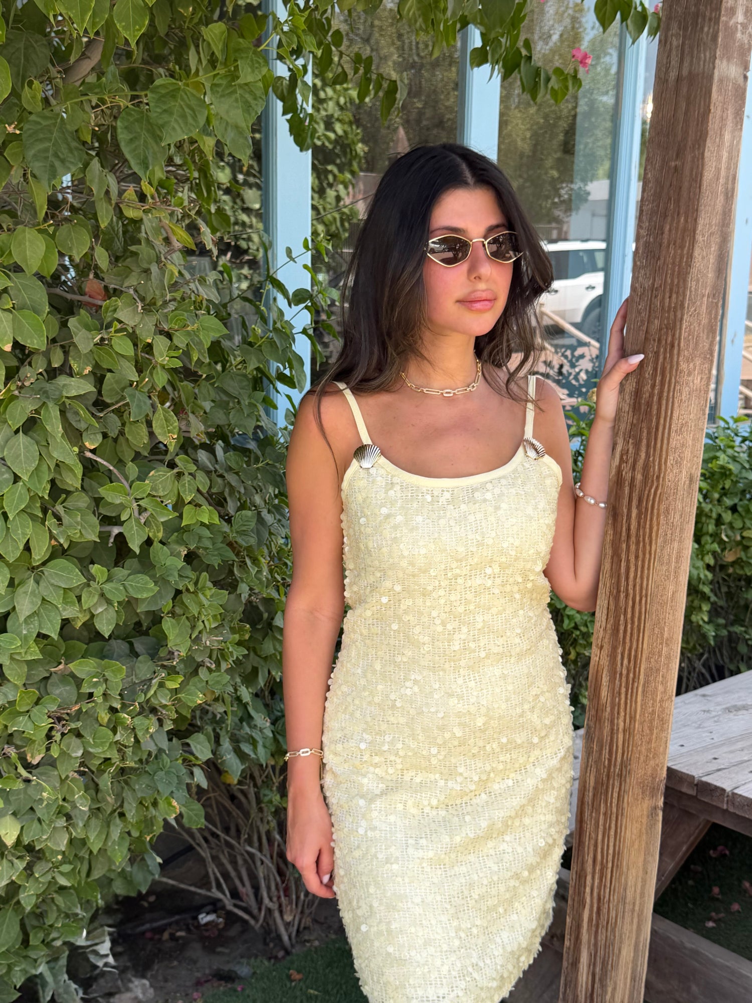 Mykonos Seashell Mini Dress – Soft Yellow