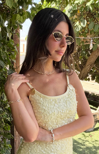 Mykonos Seashell Mini Dress – Soft Yellow