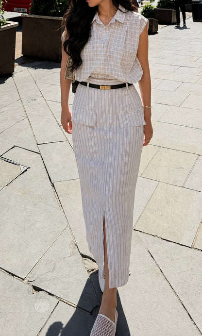 Sardinia Sand colored checkered top and striped skirt Set