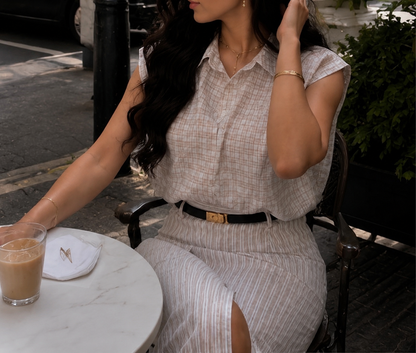 Sardinia Sand colored checkered top and striped skirt Set